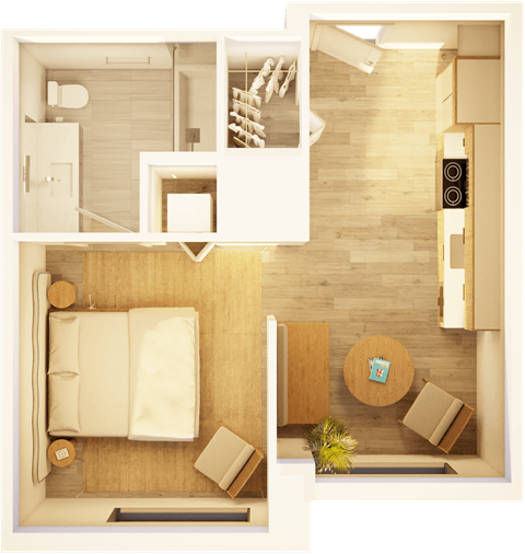 Floor plan for 1 bed, 1 bath, 489 sqft